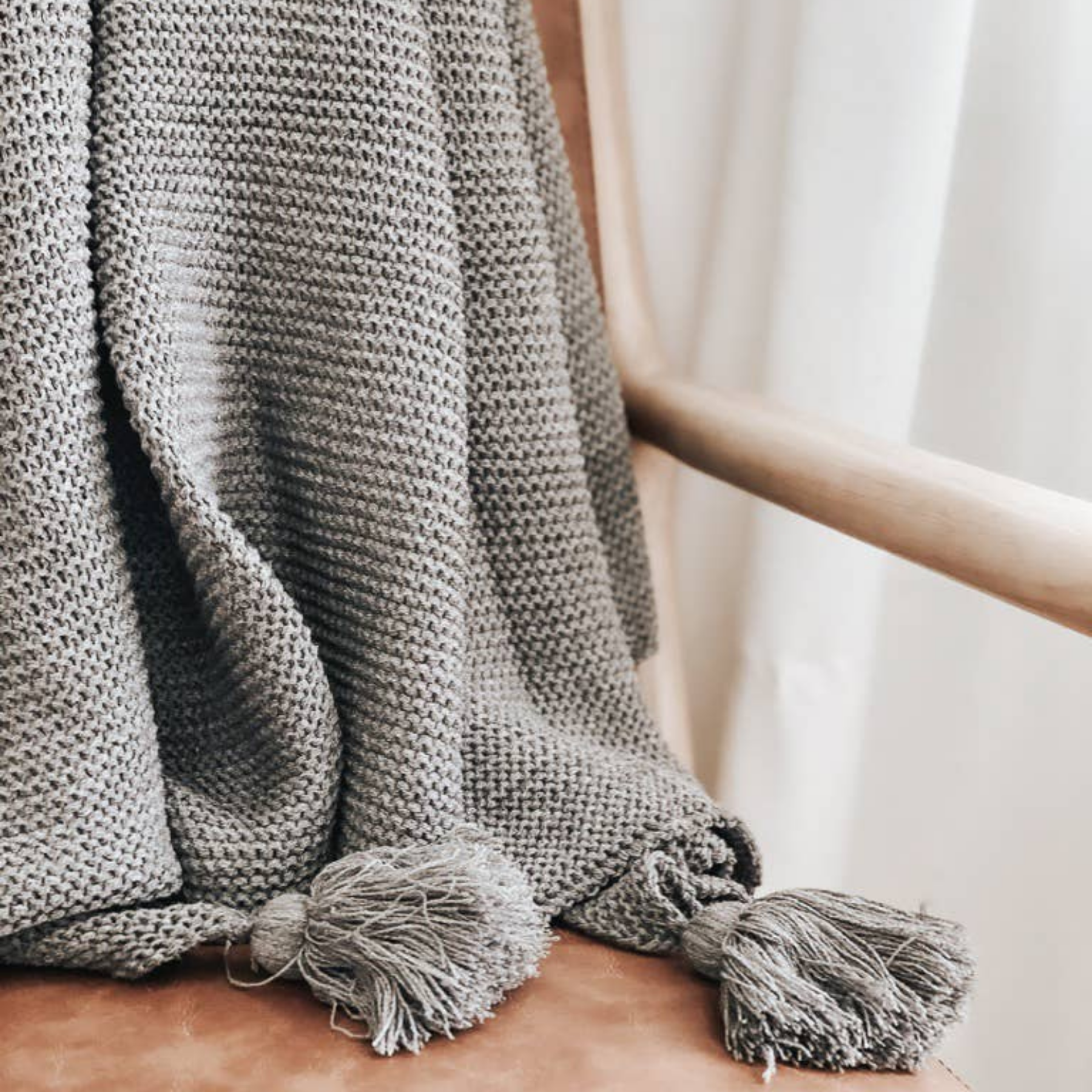 Knit Throw Blanket with Tassels - Natural