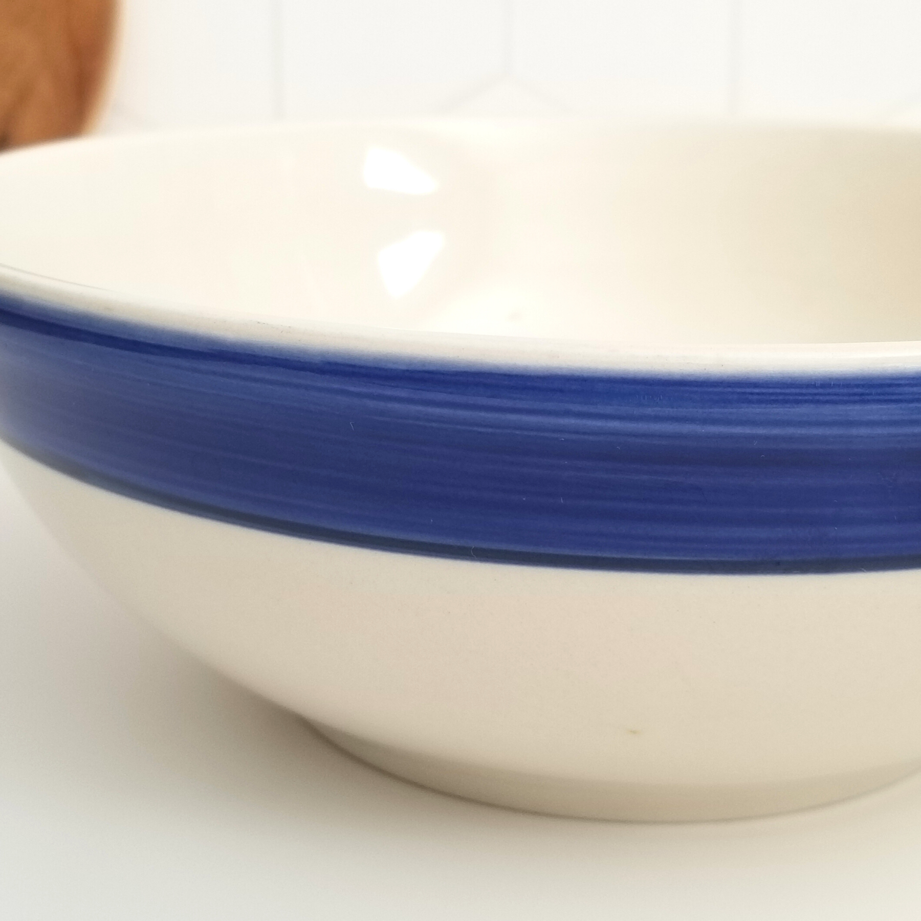 Vintage Blue and White Ceramic Mixing Bowl Closeup
