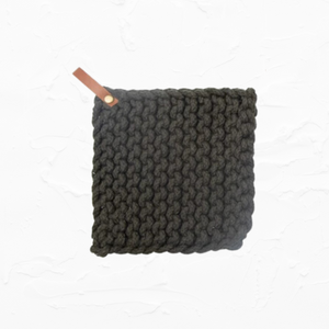 Crocheted Pot Holder with Leather Loop - Black 
