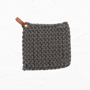 Crocheted Pot Holder with Leather Loop - Grey