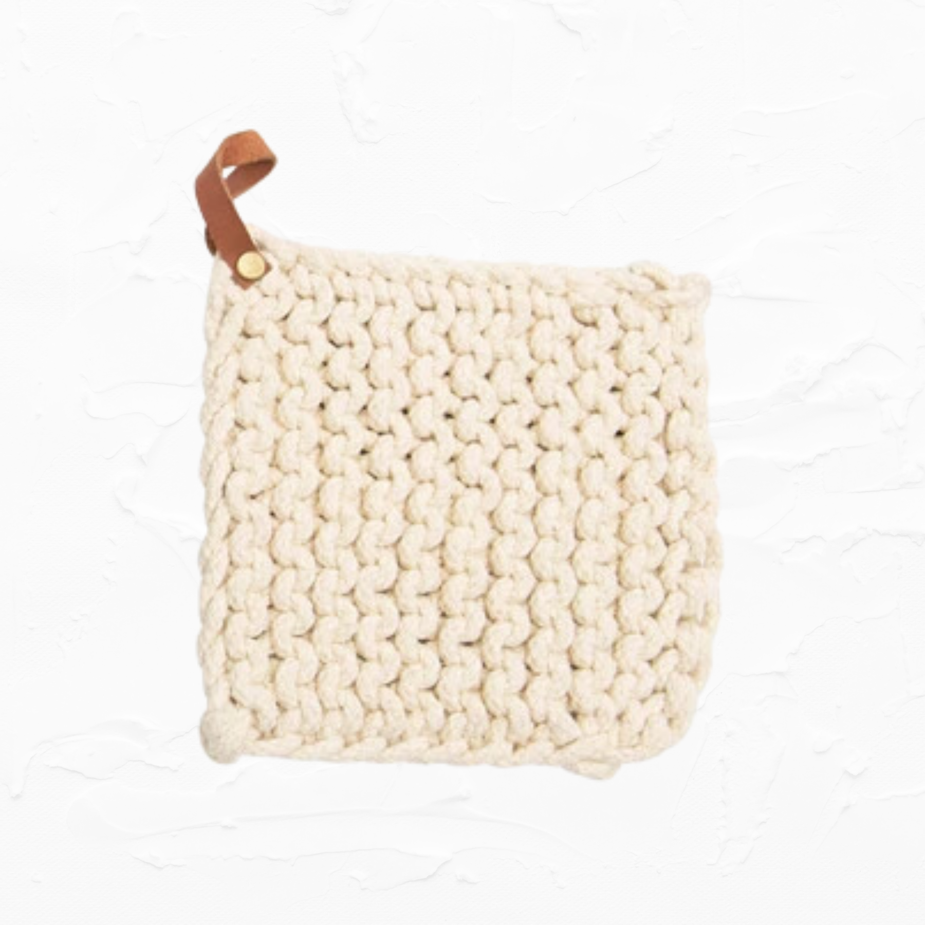 Crocheted Pot Holder with Leather Loop - Natural
