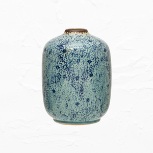 Distressed Blue Floral Terracotta Vase