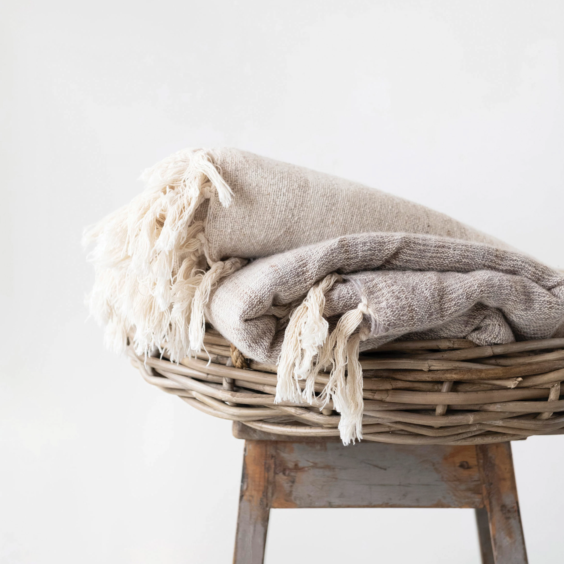 Woven Melange Wool + Cotton Slub Throw with Fringe