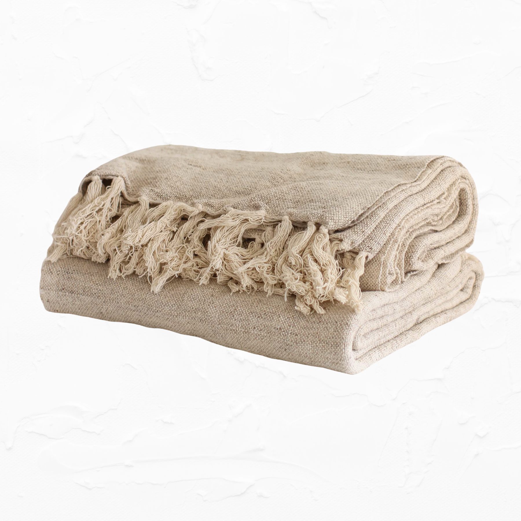 Woven Melange Wool + Cotton Slub Throw with Fringe