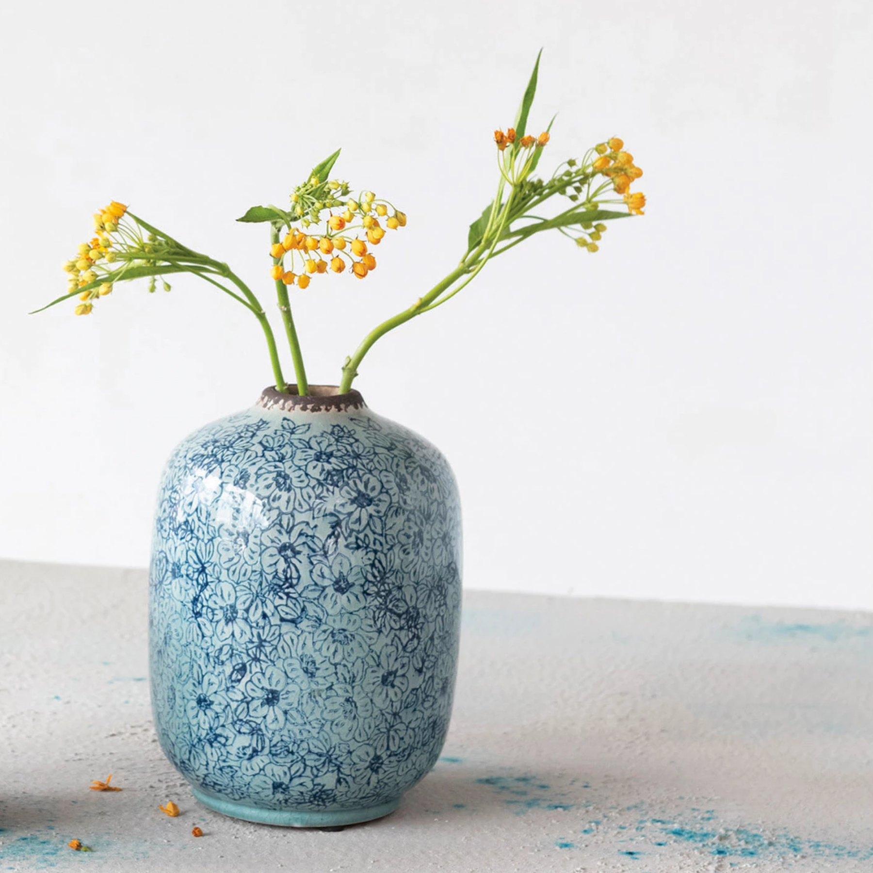 Distressed Blue Floral Terracotta Vase