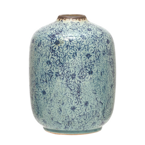 Distressed Blue Floral Terracotta Vase