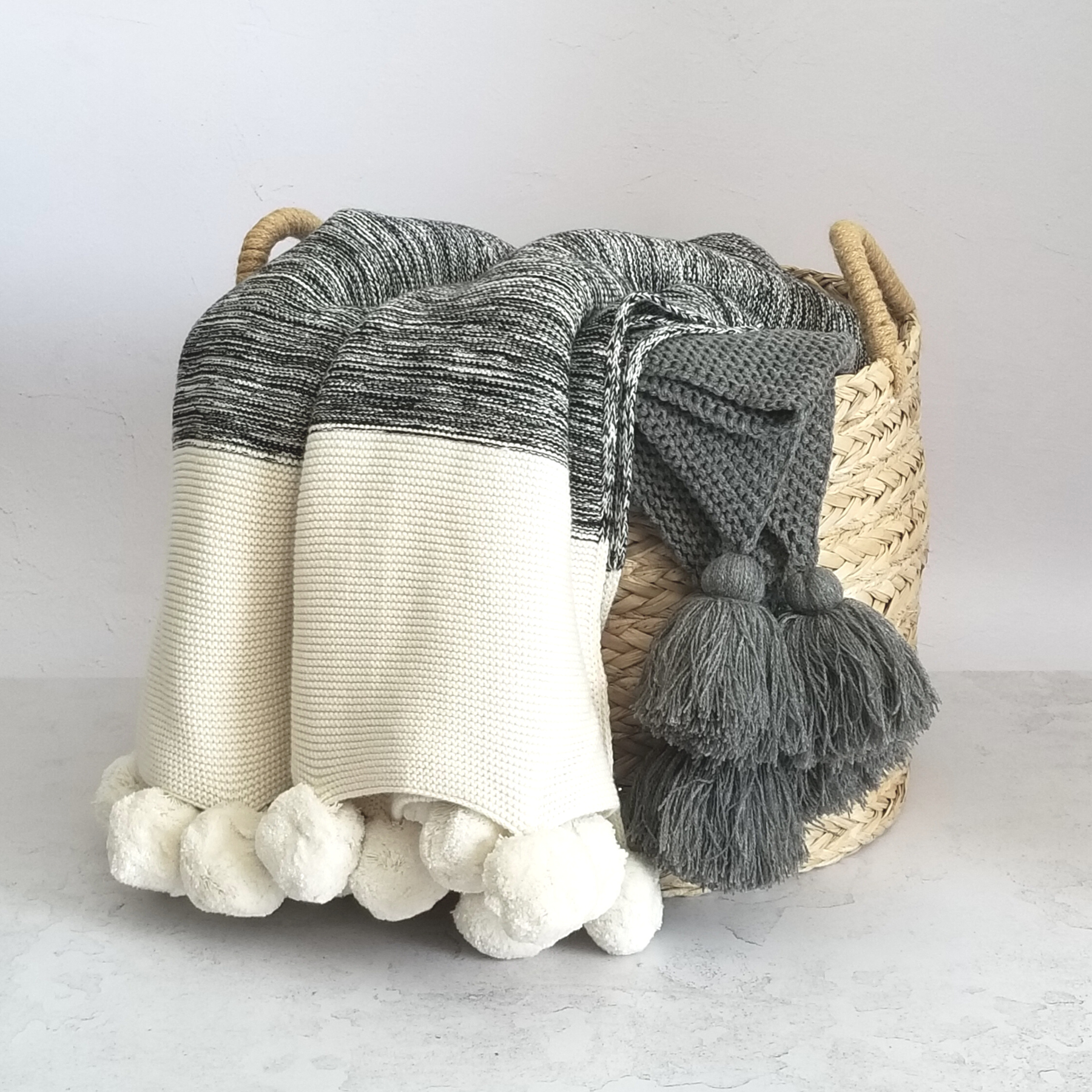 Pom Pom Cotton Knit Throw Blanket One Cozy Home