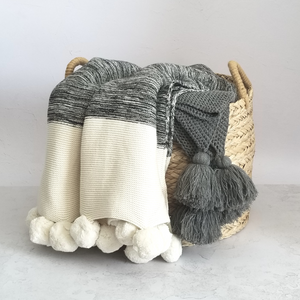 Pom Pom Cotton Knit Throw Blanket