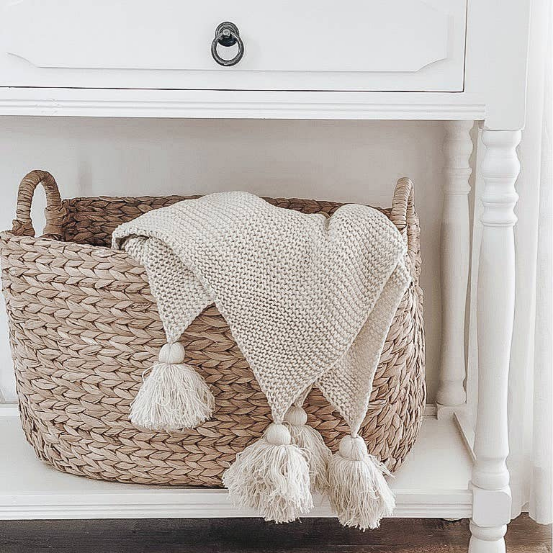 Knit Throw Blanket with Tassels - Natural