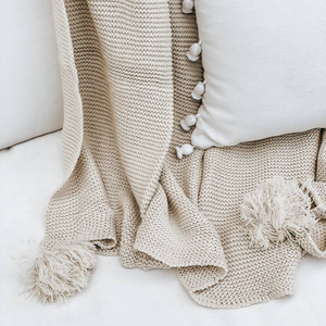 Knit Throw Blanket with Tassels - Natural
