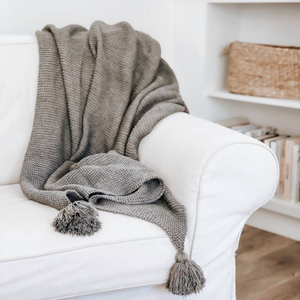 Knit Throw Blanket with Tassels - Gray