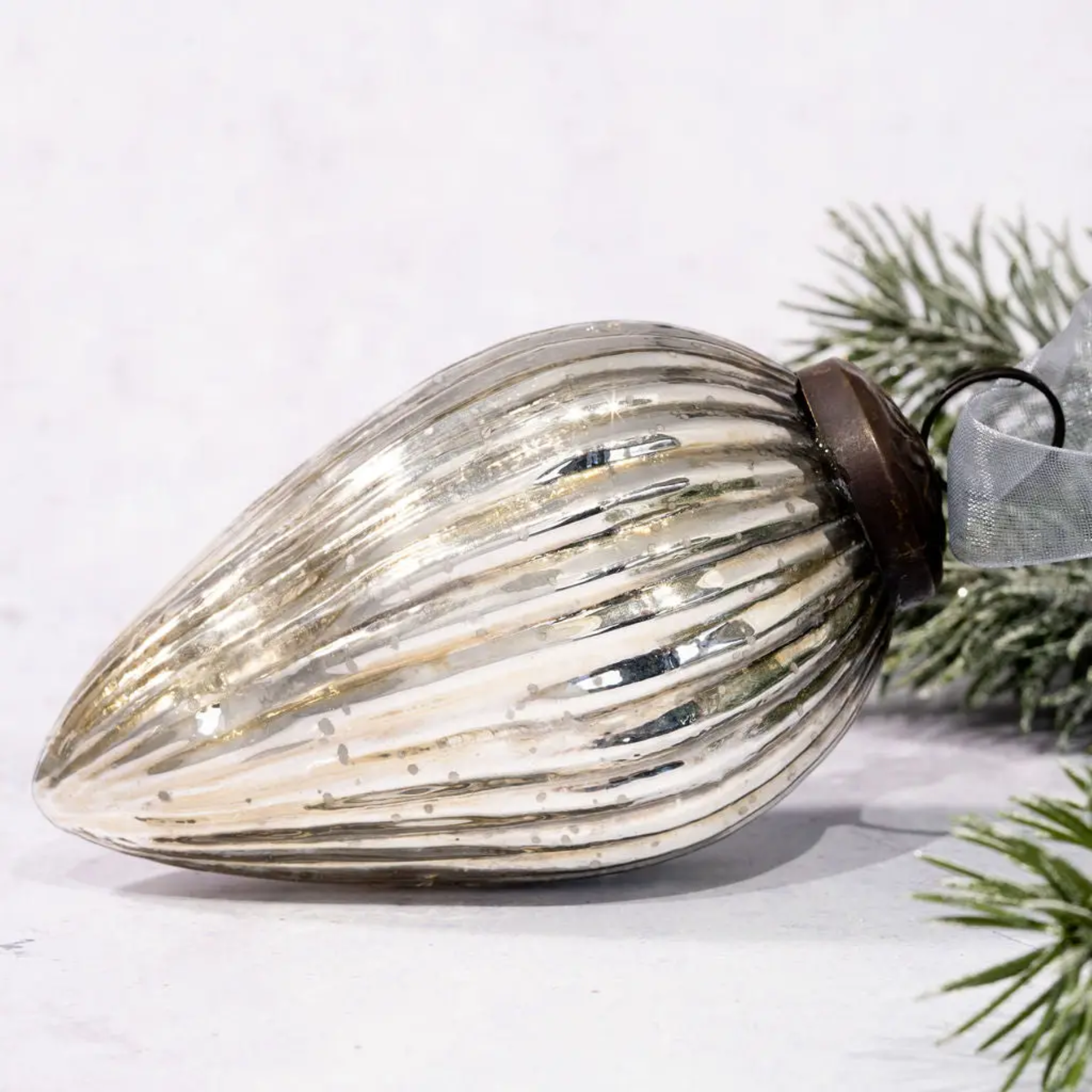Ribbed Glass Pinecone Ornament - Silver