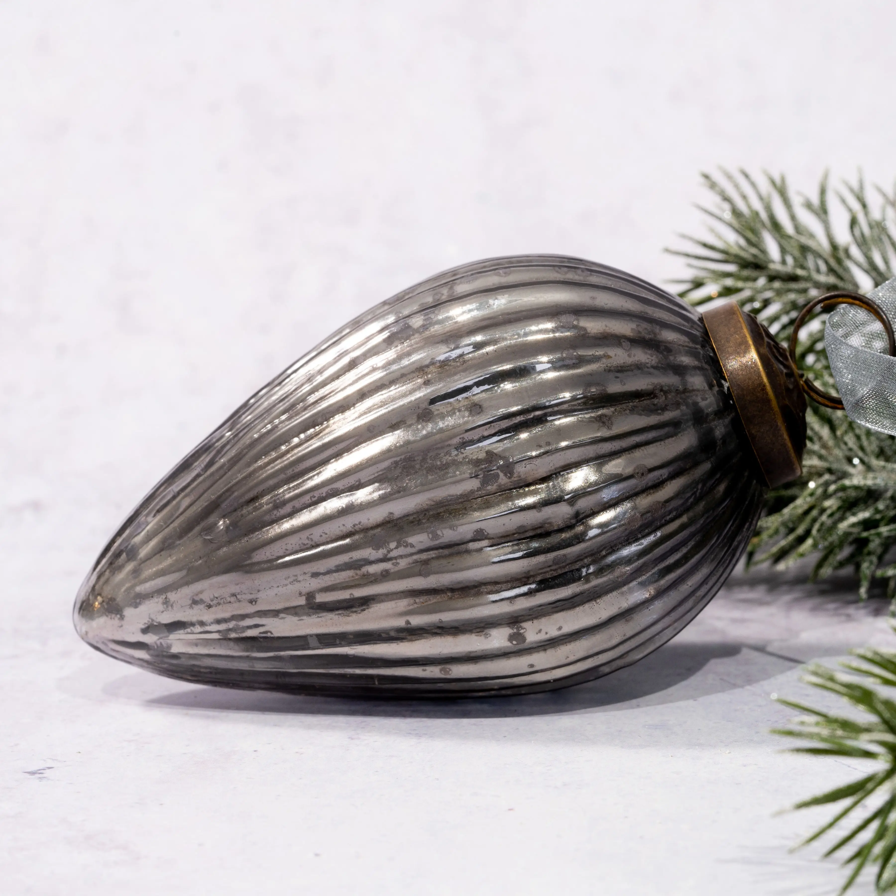 Ribbed Glass Pinecone Ornament - Slate
